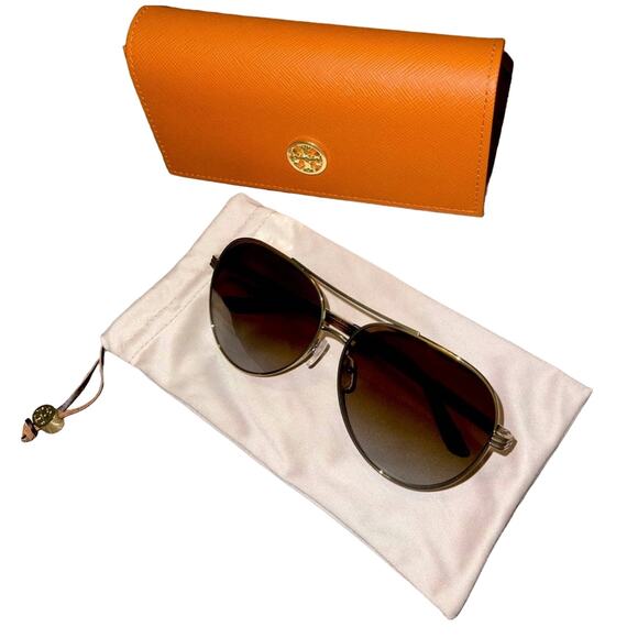 tory burch Metal Aviator Sunglasses with Logo Arms, Golden/Black main image 12